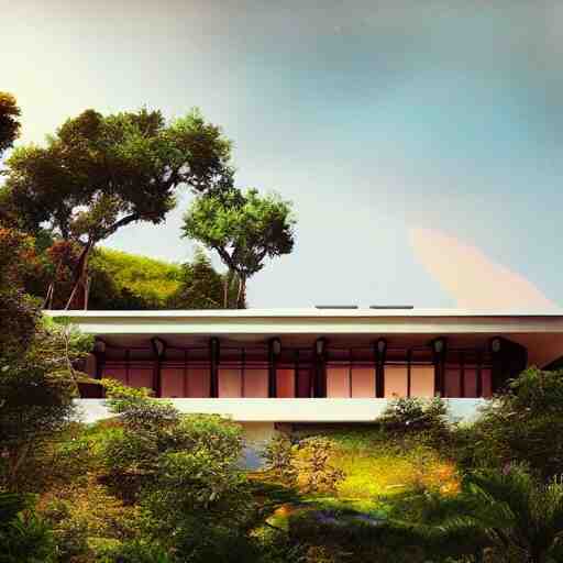 modernist house inspired by a tibetan palace on a hill, big green trees, colorful clouds, dramatic lighting, artstation, matte painting, raphael lacoste, simon stalenhag, frank lloyd wright, zaha hadid 