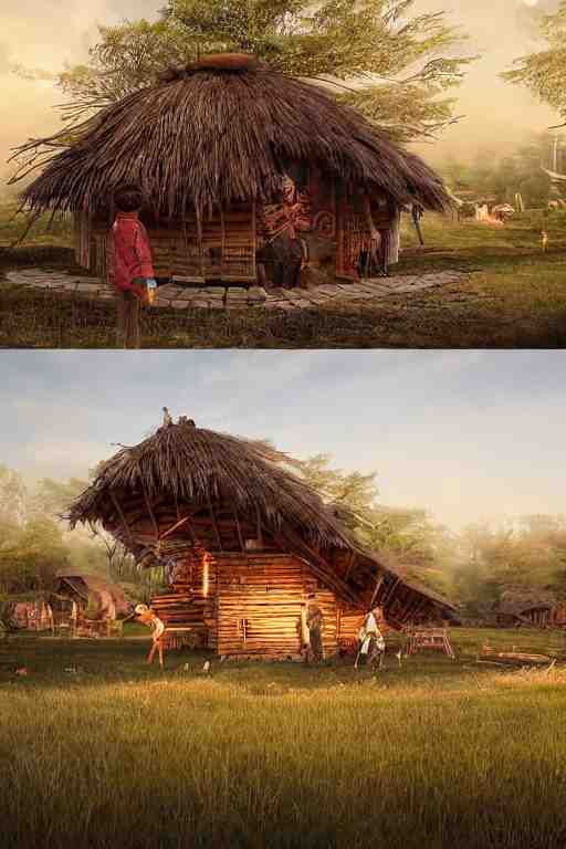 an awesome twilight day concept art of giant hen mixed with old hut, by kengo kuma and wes anderson with village, mixed development, cgsociety, fantastic realism, artstation hq 