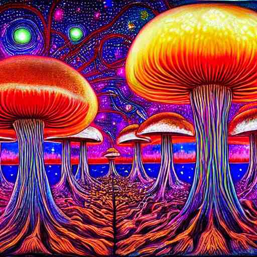 mushroom universe by Alex Gray, oil painting, cosmic, ethereal, highly detailed, psychedelic, (((neon)))