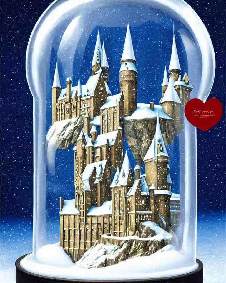 an achingly beautiful print of one snow globe with hogwarts inside by raphael, hopper, and rene magritte. detailed, proportional, romantic, vibrant, enchanting, trending on artstation 