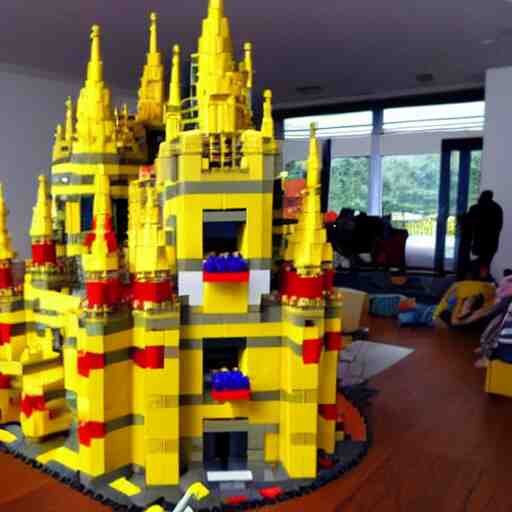 a huge yellow castle made out of lego, 90,