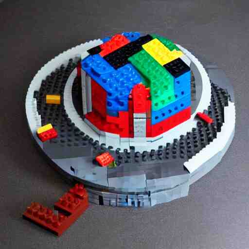 spaceship built with 1 0 0 0 lego bricks, mountian of lego bricks behind, grey on brown on teal, lasers 