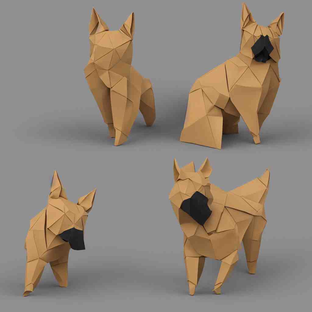 3 d rendering of japanese cardboard origami of simple shape of german shepherd, 2 d image, trending on artstation 