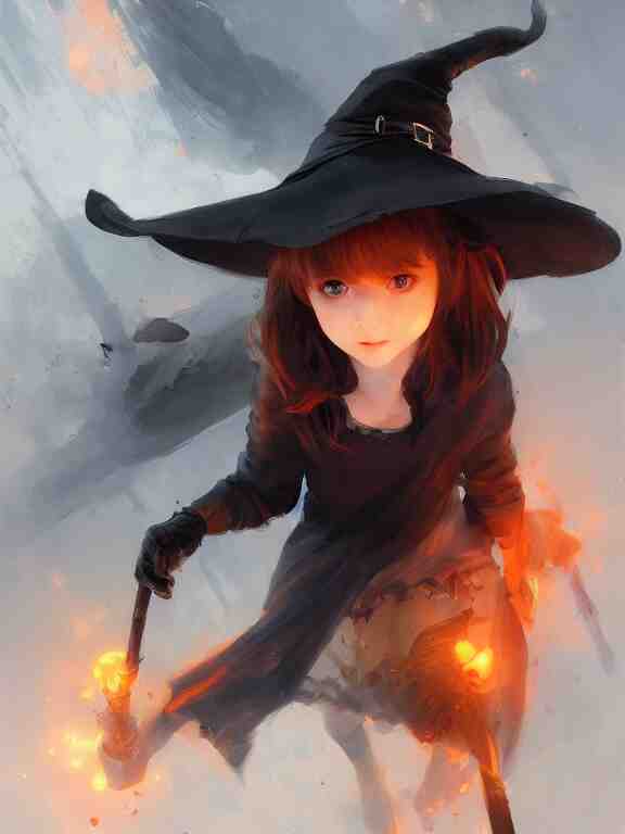 Full shot of a cute mischievous young witch about to get up to some trouble. Black and Orange palette. By Ruan Jia and Artgerm and Range Murata and WLOP and CLAMP and Loish. Key Art. Fantasy Illustration. award winning, Artstation, intricate details, realistic, Hyperdetailed, 8k resolution.