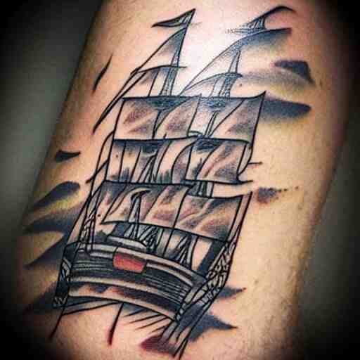 A pirate ship tattoo design in the style of Dmitriy Samohin, hyper realistic tattoo