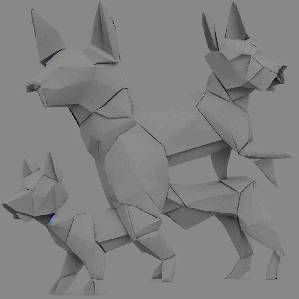 3 d rendering of japanese cardboard origami of simple shape of german shepherd, 2 d image, trending on artstation 