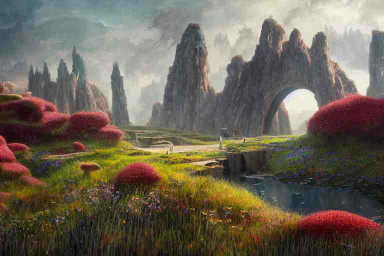 Brutalist Shiro, fantasy landscape, Eden at Dawn, gleaming morning cinematic lighting, amazing cinematic concept painting,  by Jessica Rossier,  Himeji Rivendell  Garden of Eden valley, wildflowers and grasses, terraced orchards and ponds, lush fertile fecund, fruit trees, birds in flight, animals wildlife, beksinski