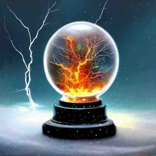 a snow globe with a lightning storm inside. Atmospheric, beautiful oil painting trending on artstation. Rich colors, dramatic lighting