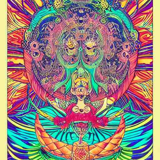 hatsune miki, intricate, amazing line work, cosmic, psychedelic, cheerful, colorful, tarot cards, the devil tarot card