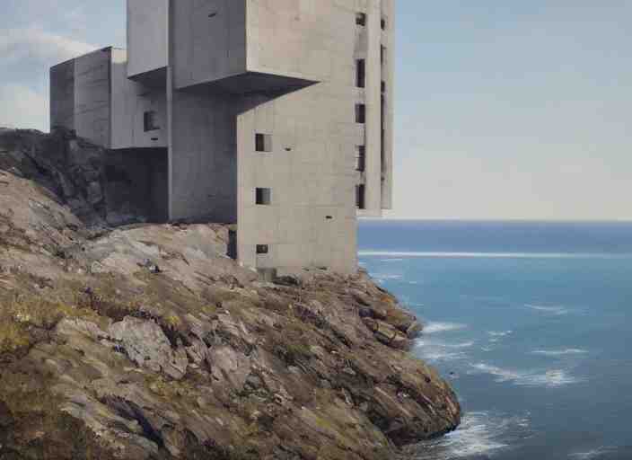 brutalist house, coastal perched on a cliff overlooking a magnificient bay, concept art oil painting by Jama Jurabaev, extremely detailed, brush hard, artstation