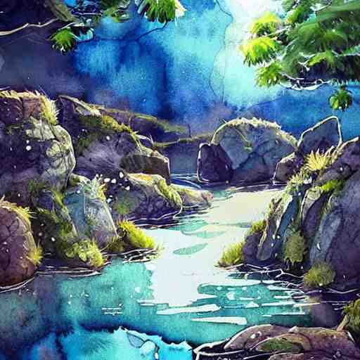 beautiful happy picturesque charming sci - fi organic homes in a beautiful natural scene. water, trees and rocks. beautiful light. soft colour scheme. beautiful artistic detailed watercolor by lurid. ( 2 0 2 2 ) 