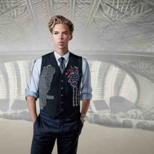 Portrait photo of adult Austin Butler with exposed dark-hair head, dressed in grey-prussian blue Tudoresque-Gigeresque casual garb, and griffin-embroidered nanocarbon-vest, in an arena in Dune 2021, XF IQ4, f/1.4, ISO 200, 1/160s, 8K