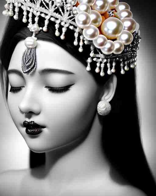 black and white dreamy young beautiful crowned female artificial intelligence, crown is full of flowers and pearls, realistic pearl ornament in the face, long hair are intricate with highly detailed realistic pearls, cinematic, rim light, bokeh, photo - realistic, elegant, high detail, 8 k, masterpiece, photo taken in 1 9 3 0 