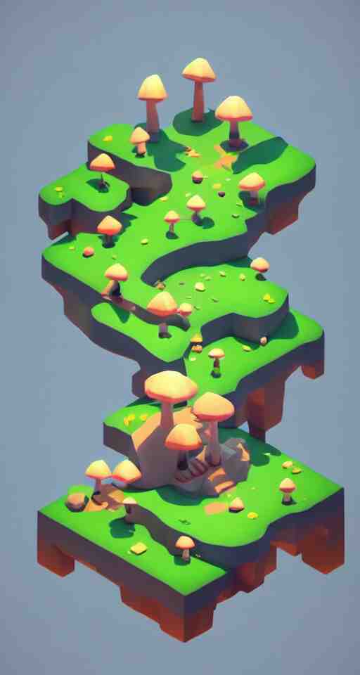 a cute little matte low poly isometric mushroom island, lat lighting, soft shadows, trending on artstation, 3d render, monument valley, fez video game,