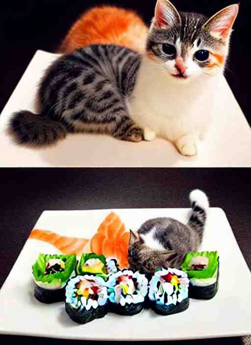 clear photorealistic picture of adorable cats made out of sushi 