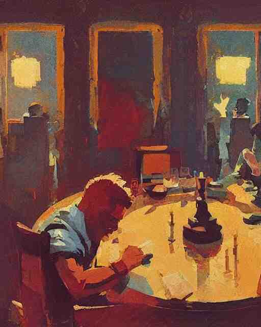 a man and a woman sitting at a table, a screenshot roman muradov and paul lehr and dan mumford, trending on pinterest, barbizon school, movie still, hall of mirrors, filmic 