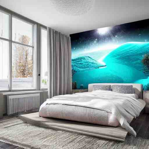 a cozy bedroom interior with wall murals painted by a genius, detailed, high resolution, wow!, intricate, volumetric lighting, raytracing 