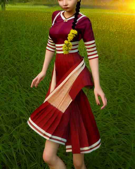 render as a very beautiful daz 3d anime aiko girl, wearing assamese bihu mekhela sador gamosa dress, long braided black hair, hazel eyes, full round face, short smile, assam tea garden setting, cinematic lighting, medium shot, mid-shot, highly detailed, trending on Artstation, Unreal Engine 4k, daz studio genesis iray ultra hd, cinematic wallpaper by Stanley Artgerm Lau, anime masterpiece,