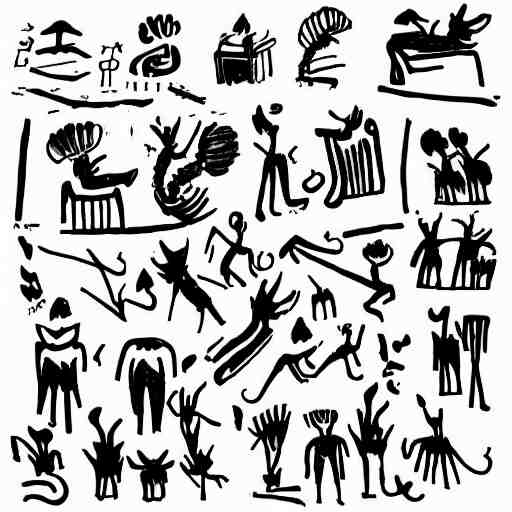 black and white composition of a variety of doodles, drawings, faces, symbols, cartoons, lineart, cave drawing, silhouette, tattoo, chinese ink brush 