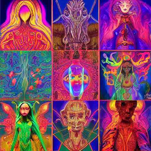 fantasy art, psychedelic, vibrant, detail, DMT elf ,  portrait, detail, Evolution arriving at a DMT elf, Larval Stages of the Soul Before Ascension  1) Mythical, 2) Machiavellian, 3) Religious Traditional, 4) Scientific Secular, 5) Postmodern Multiculturalist, 6) Burner, 7) DMT Elf