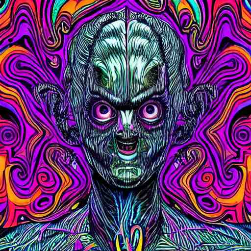 a psychedelic godlike humanoid, hyper detailed, in the style of rutkowski and junji ito and bob ross and lisa frank, selfie 