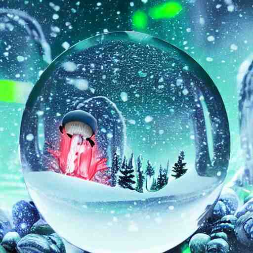 alien planet, lush with fluorescent mushrooms encapsulated in a snow globe, high detail, photorealistic 