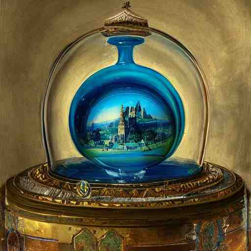 still life painting of a minature tabletop ancient city under a glass dome, by paulette tavormina and clara peeters and willem kalf, cool color - scheme with blues and greens, hyper realistic, super detailed, beautiful lighting 