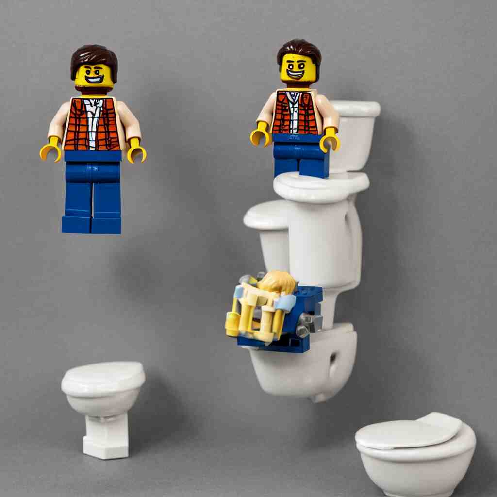 a lego figure of a man, sitting on a toilet with his pants down. there is a stream of lego bricks coming out of his behind 