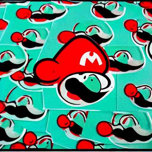 die cut sticker, yoshi wearing mario's mustache, splatter paint 