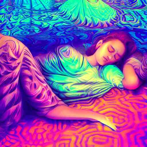 photorealistic sleeping in a trippy psychedelic world. hyperdetailed photorealism, 1 0 8 megapixels, amazing depth, high resolution, 3 d shading, 3 d finalrender, 3 d cinematic lighting, glowing rich colors, psychedelic overtones, artstation concept art. 