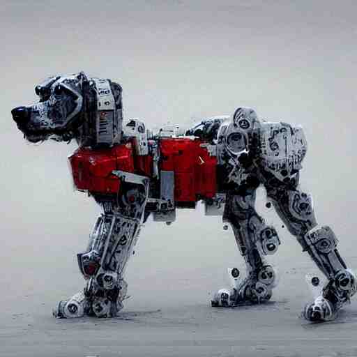 dog type mech made of white plastic art by jakub rozalski 