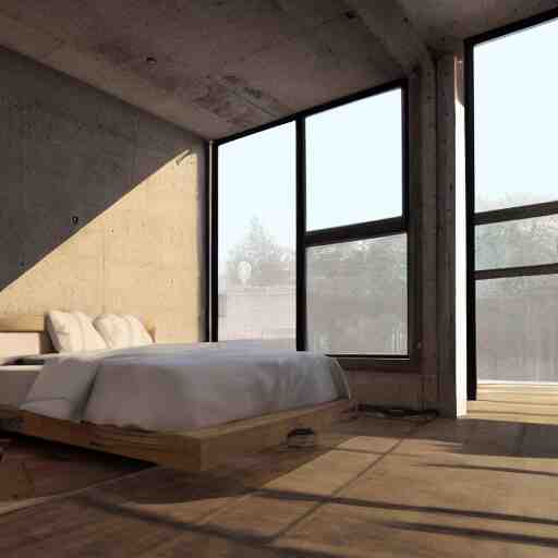 hyper realistic one point perspective of bedroom, wood, concrete, brick, glass 