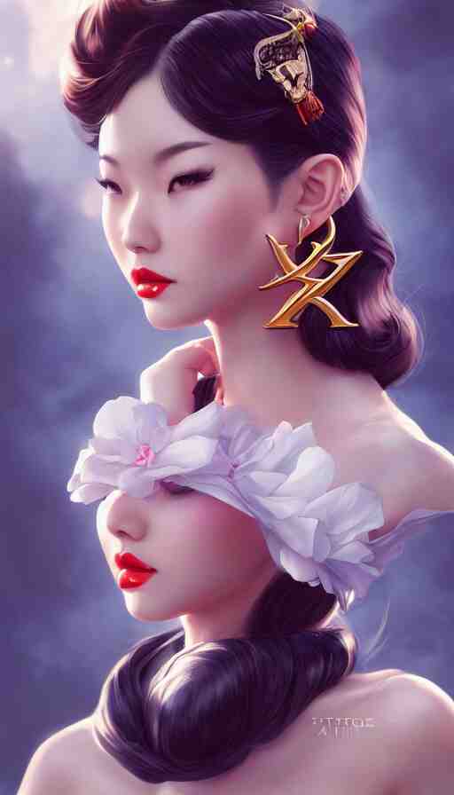 a pin up and beautiful fashion and charming and dreamlke asian girl with lv jewelry, medium shot, art by artgerm & ross tran & wlop, hyperdetailed, 8 k realistic, symmetrical, frostbite 3 engine, cryengine, dof, trending on artstation, digital art 