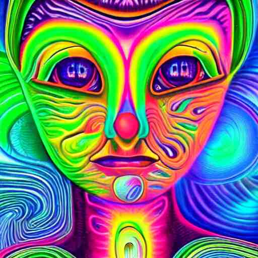 a digital painting close shot of an alien pondering into your soul, green trees in the background, alex grey, lisa frank, colorful, vibrant,