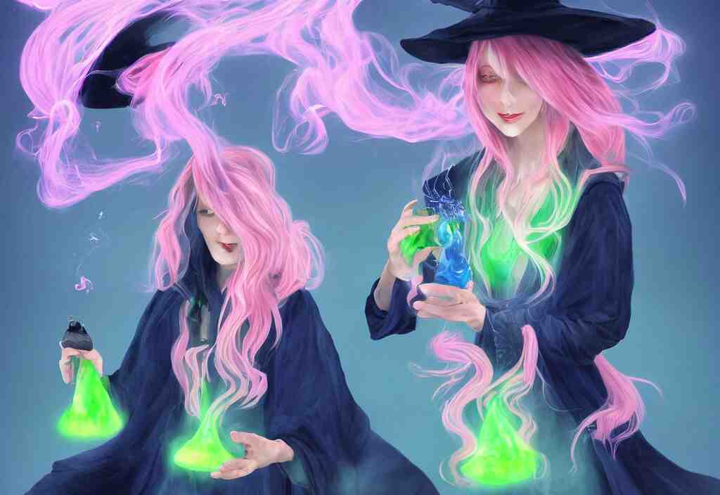 beautuful witch with light pink hair, a dark blue hat and dark blue robes brewing a bright green potion, digital art, trending on artstation, award-winning photograph