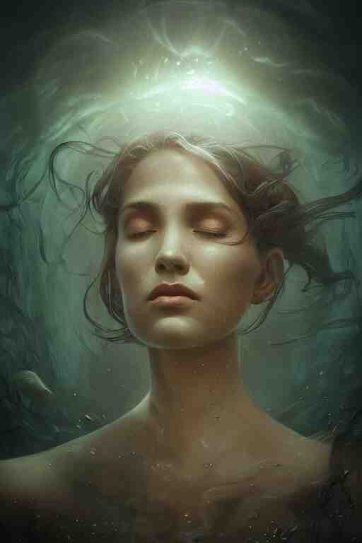 meditation deep in dark murky water!!!, underwater atmospheric mood, asleep and dreaming! cinematic volumetric lights, bust portrait, dnd, fantasy, intricate, elegant, highly detailed, digital painting, artstation, concept art, smooth, sharp focus, illustration, art by artgerm and tom bagshaw and greg rutkowski and alphonse mucha 