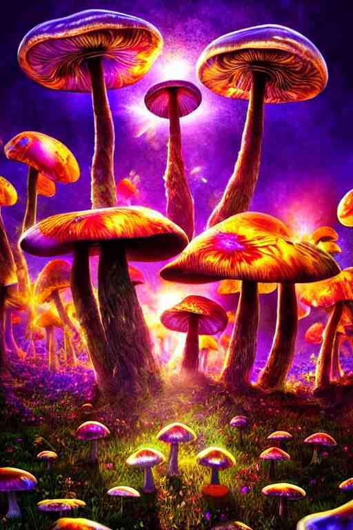 hyperrealistic portrait of melting hippies - epic cinematic mushrooms with psychedelic field of flowers, highly detailed smooth digital art masterpiece, pablo amaringo dramatic low light, ground angle uhd 8 k, sharp focus 