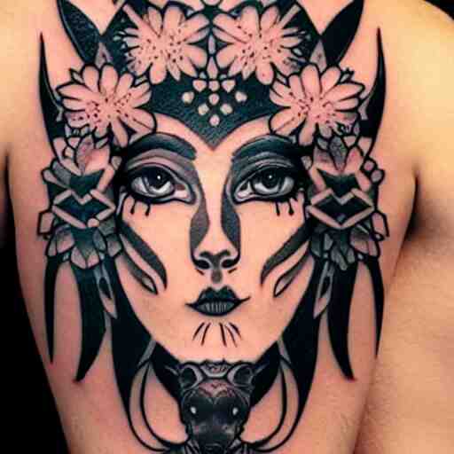 tattoo design, stencil, tattoo stencil, traditional, beautiful portrait of a warrior girl with a wolf headdress on surrounded by flowers, upper body, by artgerm, artgerm, artgerm, digital art, cat girl, anime eyes, anime, sexy-s 100